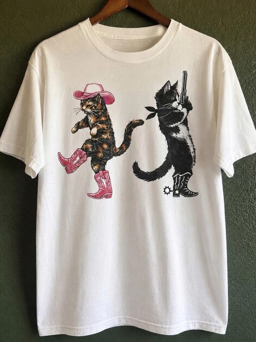 White Cat Cowboy Graphic T-Shirt featuring Pink Accents